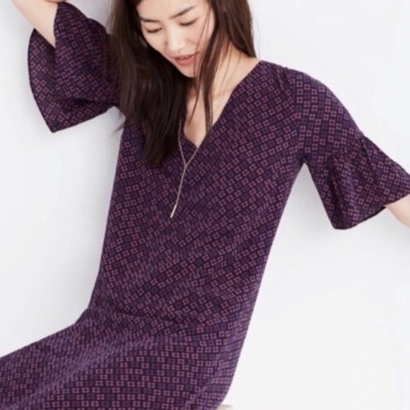 MADEWELL Clover Print Silk Bell Sleeve Dress 00 - Picture 2 of 8